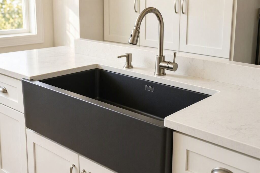 Modern matte black farmhouse sink with white countertop