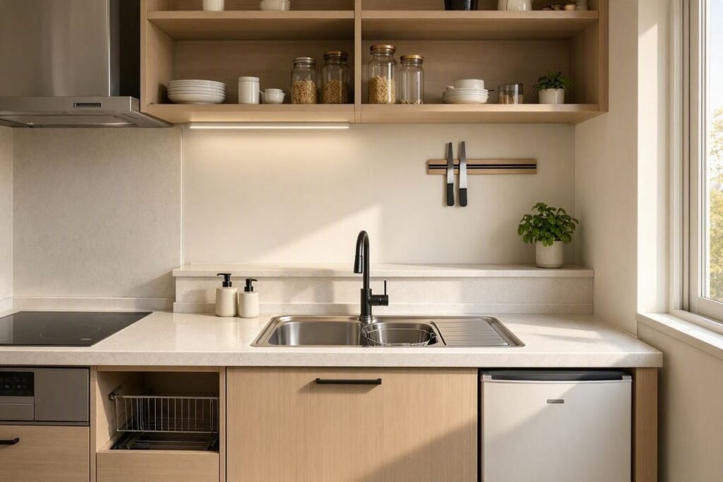 Modern studio kitchen with a compact space-saving sink and efficient countertop layout