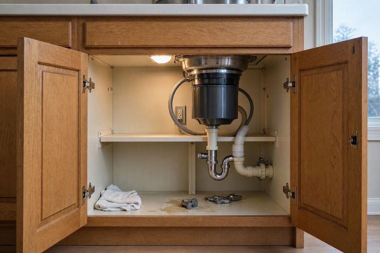 Open cabinet doors showing supports, plumbing, and garbage disposal unit.
