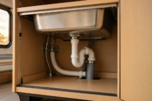RV kitchen sink bowl and plumbing clearance inside the cabinetRV kitchen sink bowl and plumbing clearance inside the cabinet