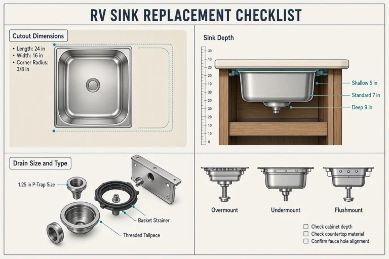 RV kitchen sink replacement checklist showing cutout, depth, drain, and mounting compatibility