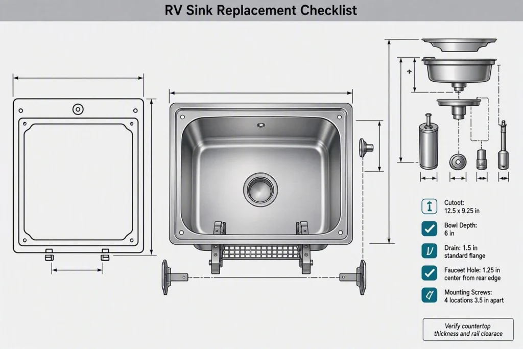 RV kitchen sink replacement checklist showing cutout, depth, drain, faucet, and mounting measurements