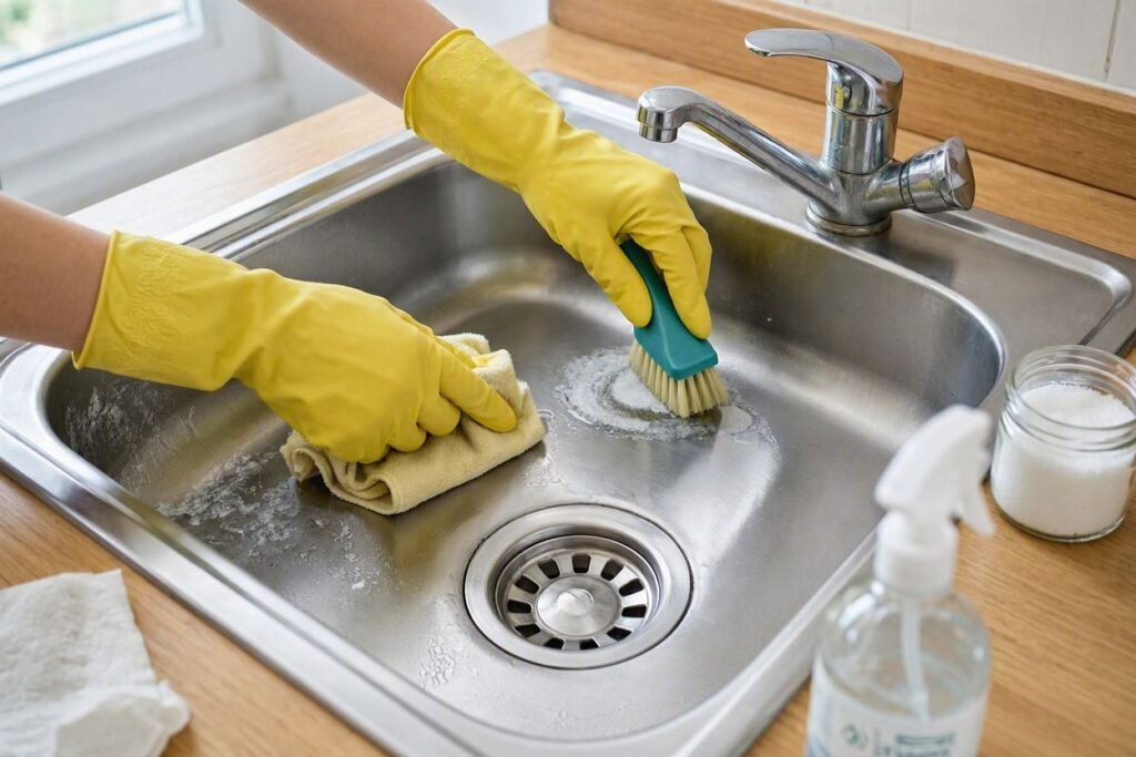 Removing hard water stains and mineral deposits from a kitchen sink