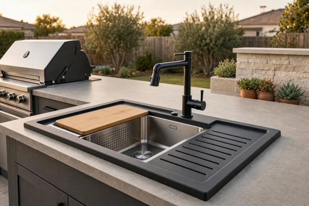 SHACO black workstation sink for modern outdoor kitchen