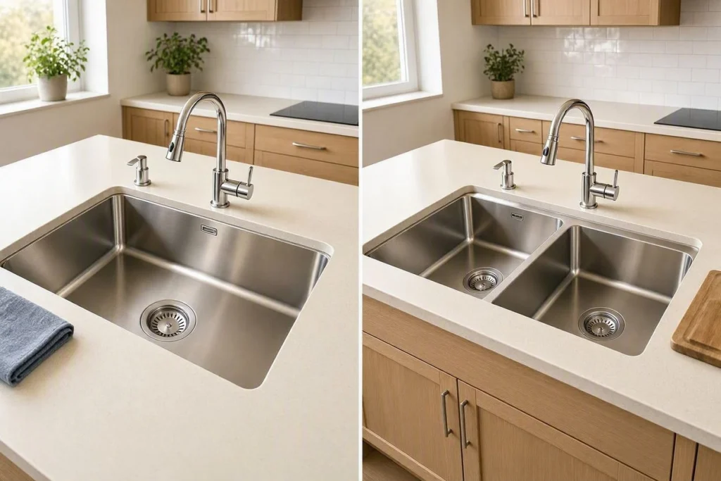 Side-by-side comparison of single-bowl and double-bowl kitchen sinks