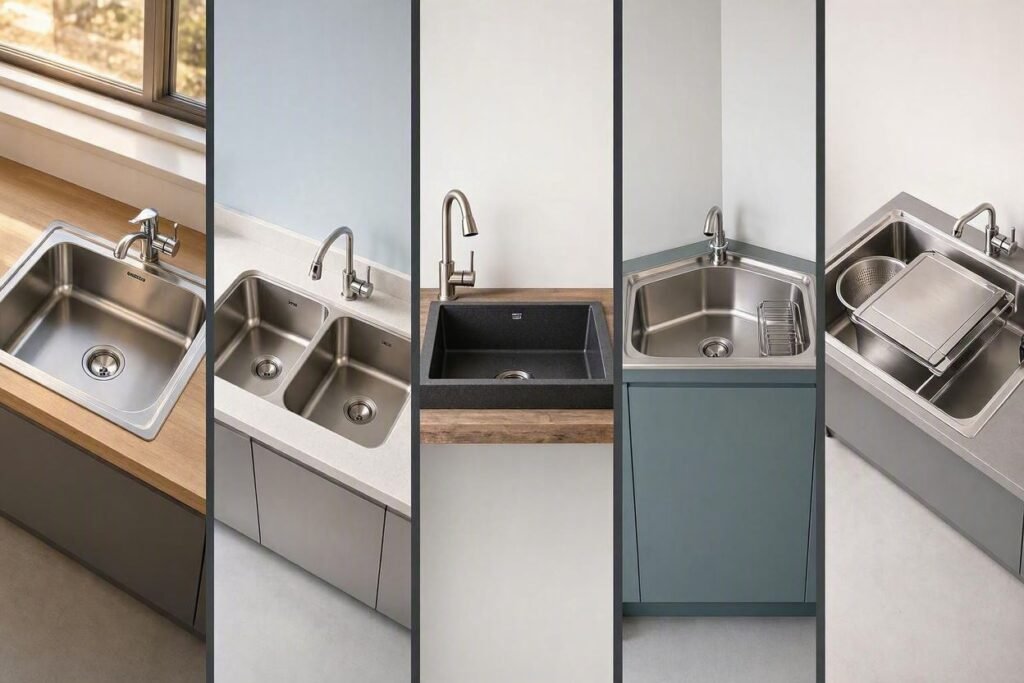 Single-bowl, double-bowl, bar, corner, and workstation sinks for compact kitchens