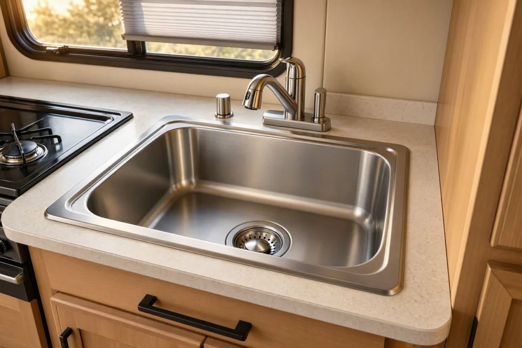 Single-bowl stainless steel sink for an RV kitchen