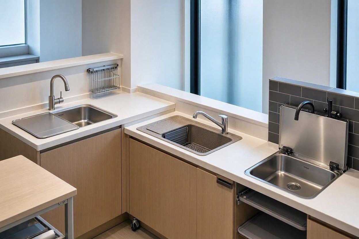 : Sinks for studio kitchens with a compact space-saving design in a modern apartment