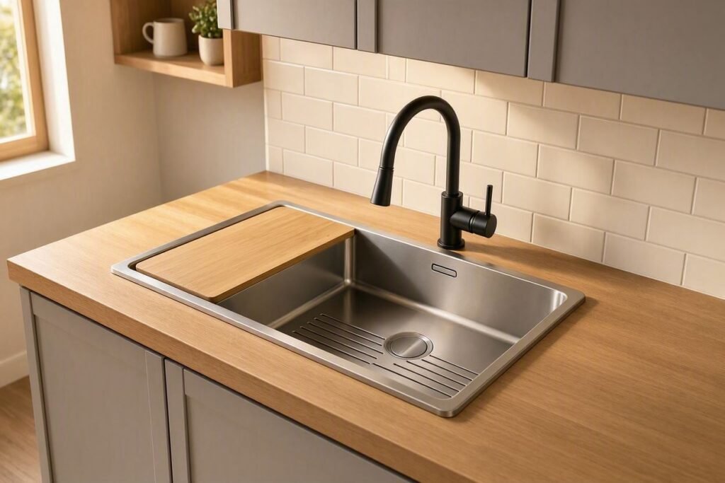 Slim rectangular vessel kitchen sink for tiny kitchen spaces
