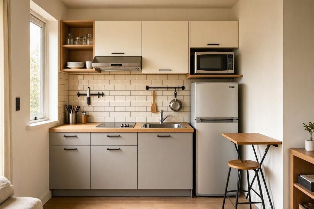 Small studio apartment kitchen showing limited countertop and cabinet space