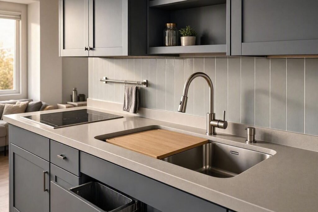 Space-saving sink with faucet and countertop clearance in a studio apartment kitchen
