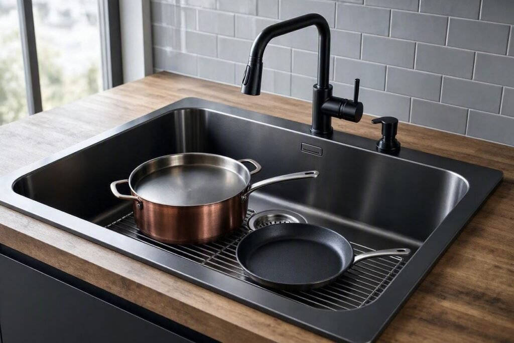 “Spacious stainless steel sink in sleek black finish, ideal for large cookware.”