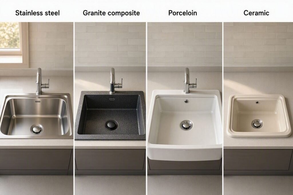 Stainless steel, granite composite, porcelain, and ceramic sinks compared