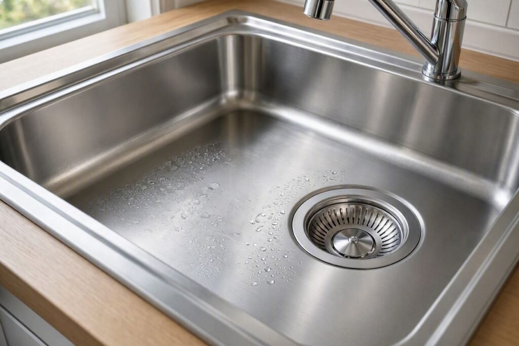 Stainless steel sink showing water spots and stain prevention areas