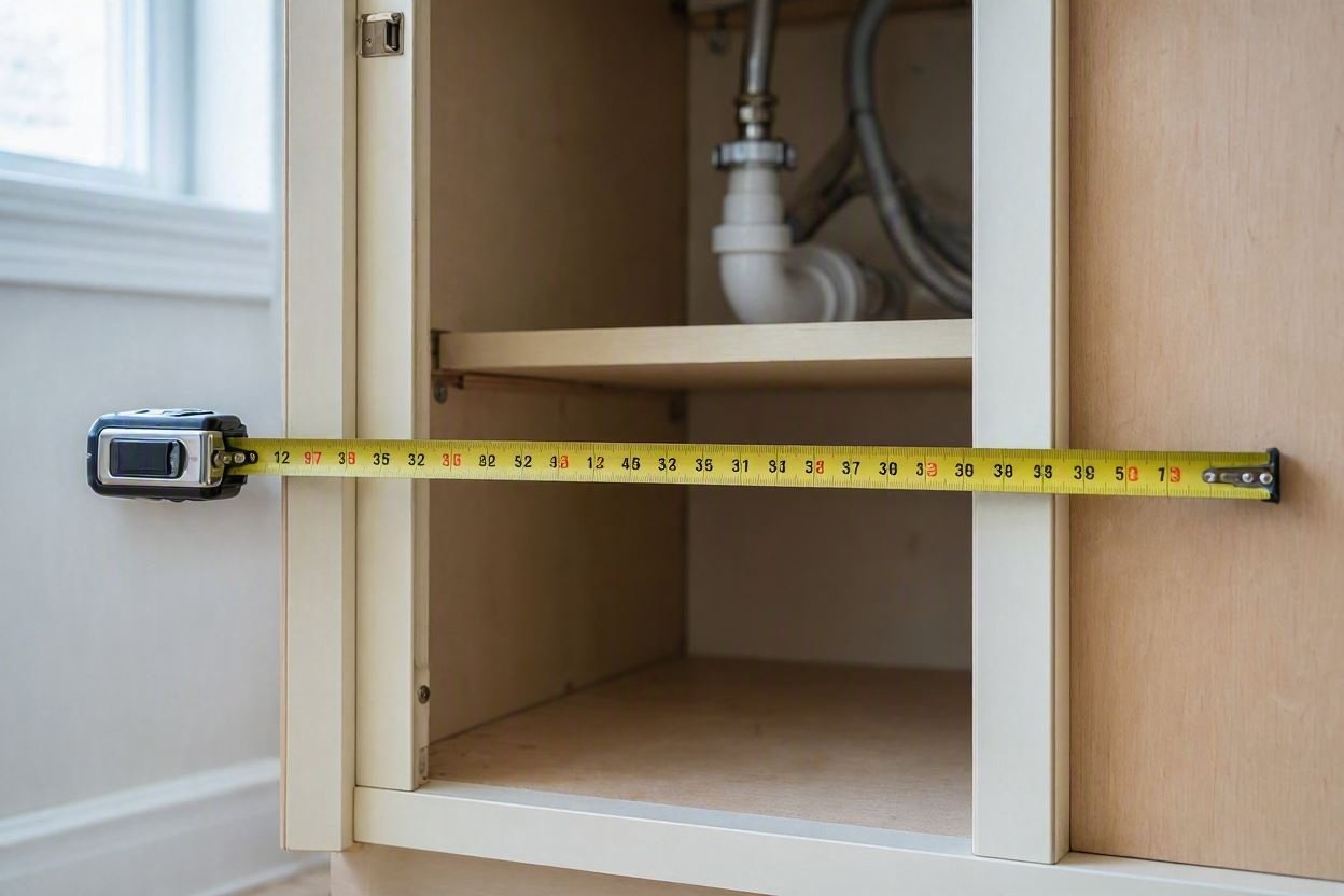 Tape measure stretched across inside width of sink cabinet.
