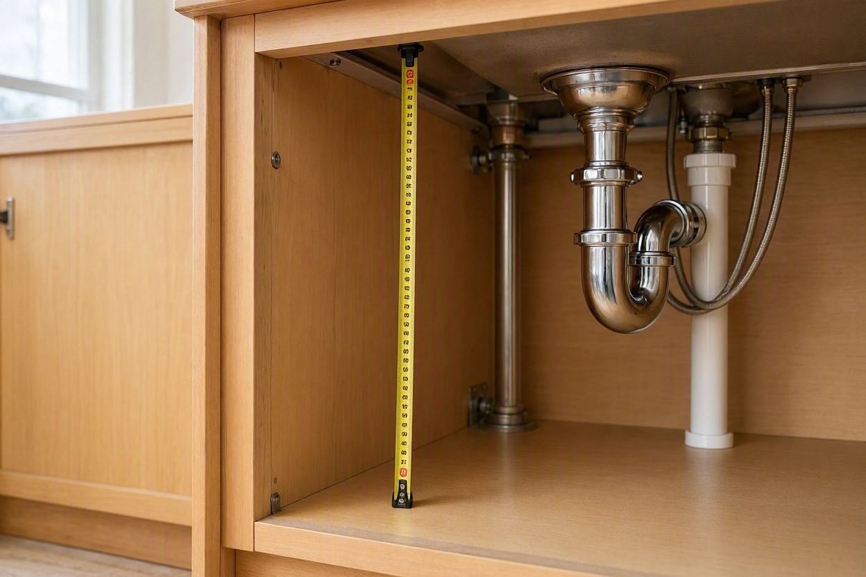 Vertical measurement inside cabinet showing clearance for plumbing pipes.
