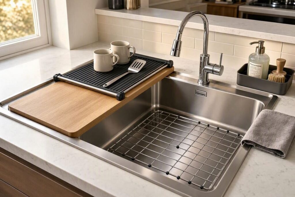 Workstation sink with cutting board, roll-up drying rack, sink grid, and accessories