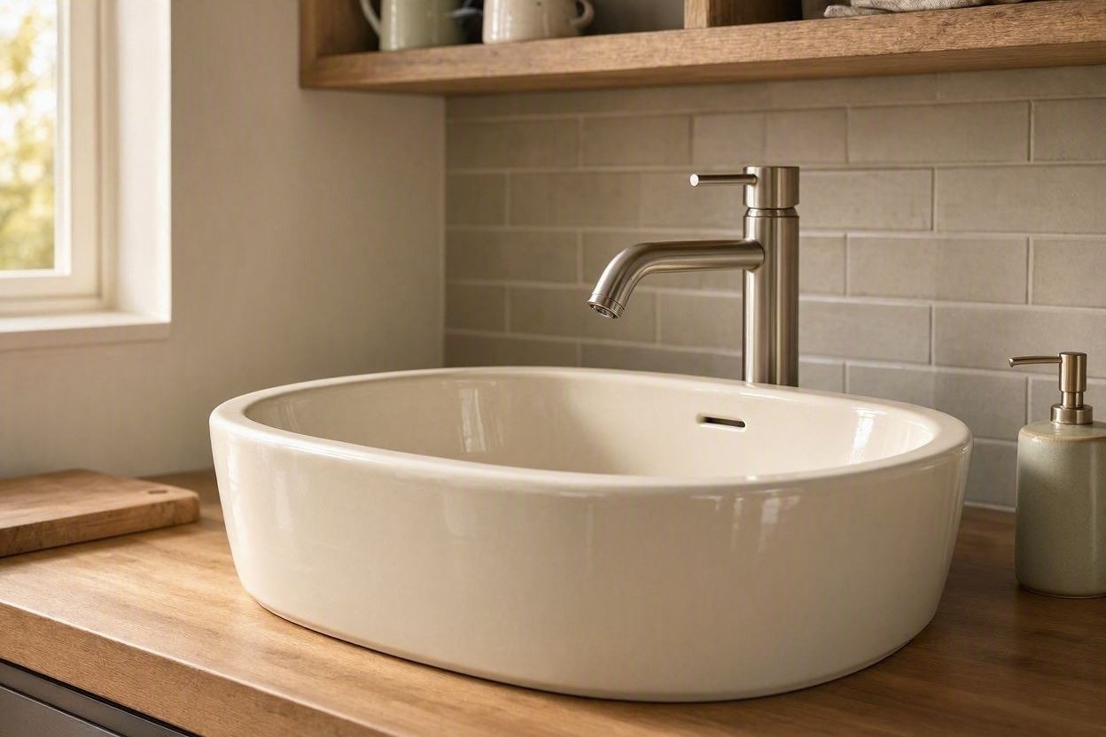 alt="Compact ceramic vessel kitchen sink for small kitchens"