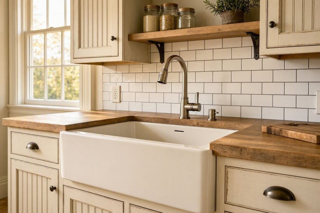 alt="Farmhouse sink 2026 white apron front design in rustic kitchen"