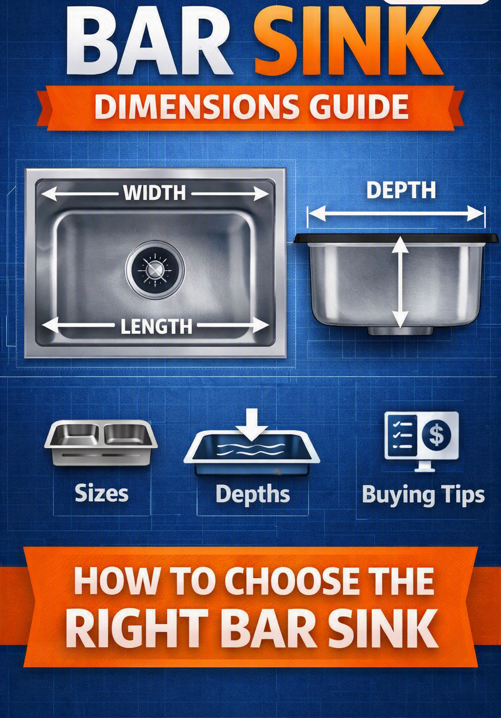 graphic showing bar sink dimensions guide with labeled width, length, and depth, plus icons for sizes, depths, and buying tips.