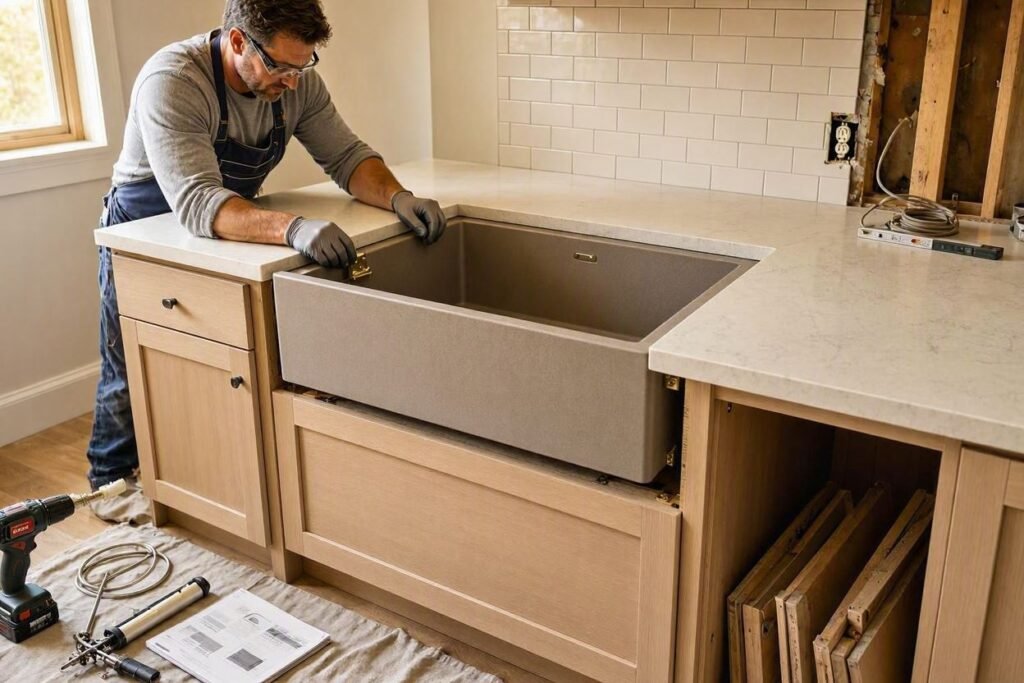 composite apron sink cabinet installation