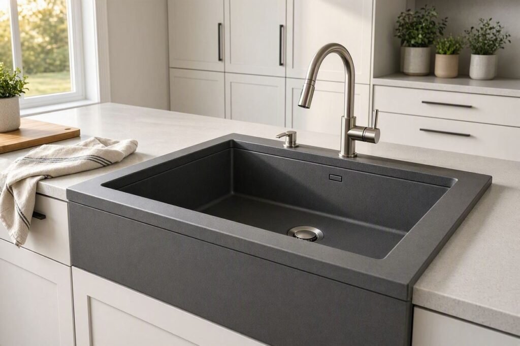 composite apron sink in a modern kitchen