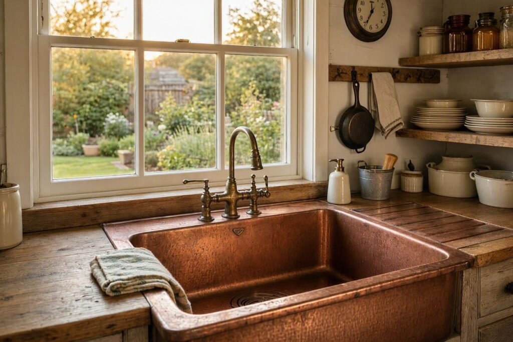 “Polished copper farmhouse sink with natural patina”