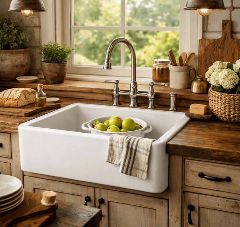 alt="Farmhouse sink 2026 rustic white apron front design in modern kitchen"