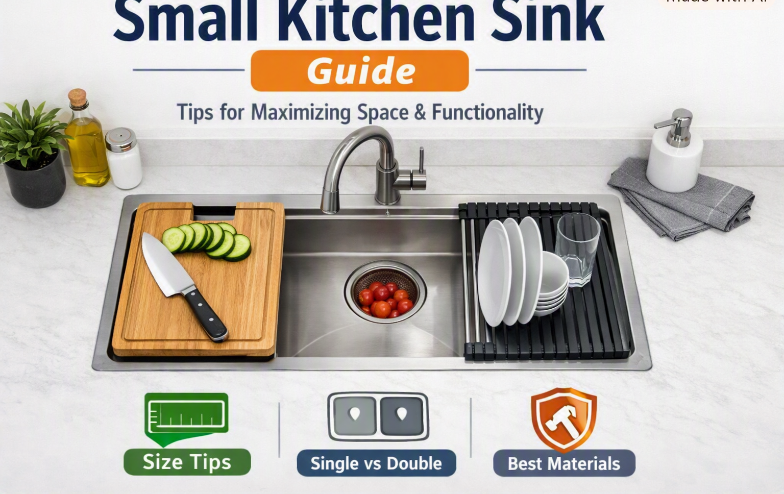 Small kitchen sink setup with cutting board, drying rack, and modern faucet for compact kitchens.