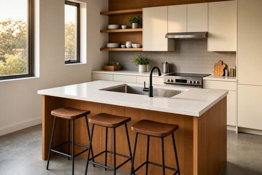 modern island bar sink in a compact kitchen