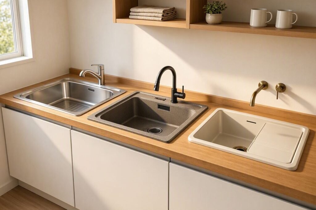 Compact sinks for studio kitchens in a modern small apartment