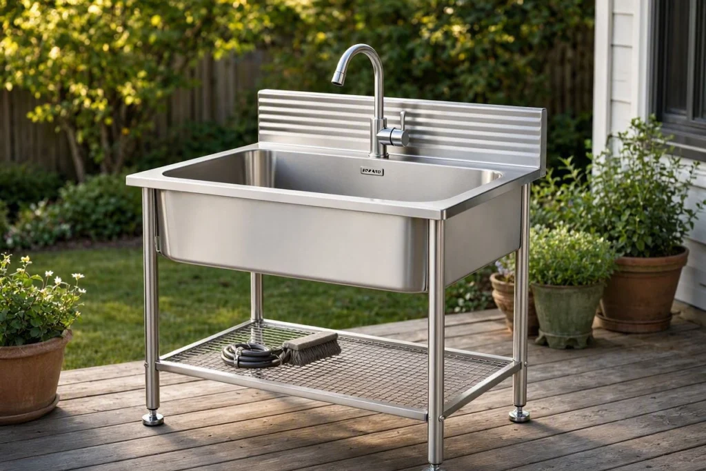 RAVCON freestanding stainless steel utility sink for outdoor use