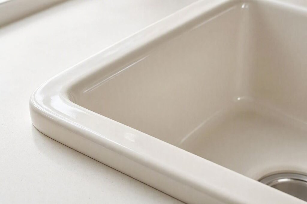 glossy glazed surface of a fireclay kitchen sink