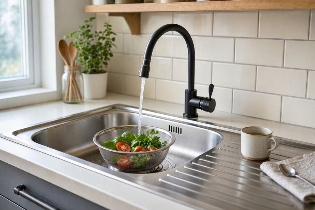 Compact bar sink being used for rinsing vegetables or small kitchen items.