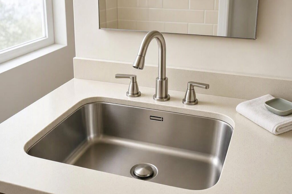 compact kitchen sink with centered faucet and clearance