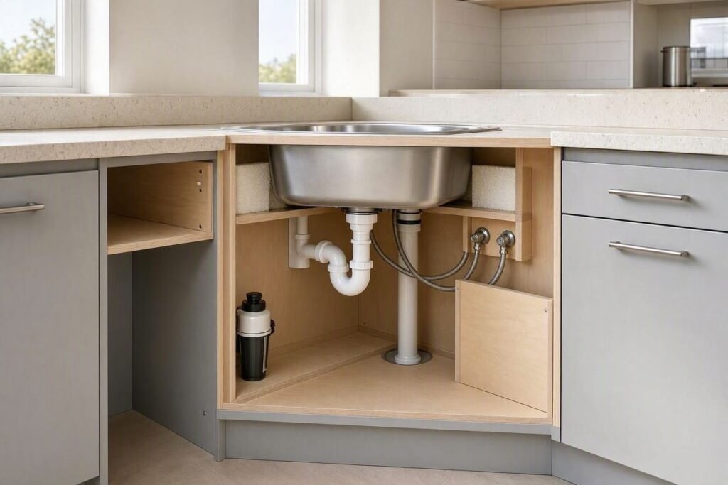 Corner sink cabinet layout with plumbing space
