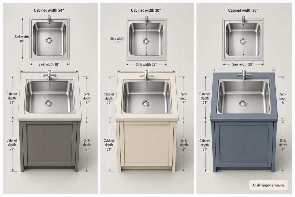 Example of comparing sink size with cabinet width and depth