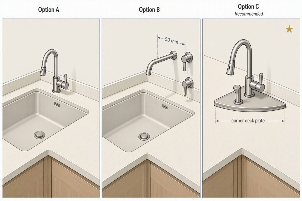Faucet placement for a corner kitchen sink