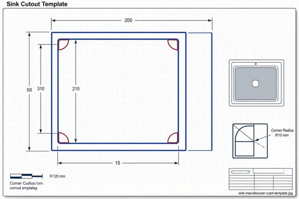 Kitchen sink manufacturer's installation template for countertop cutout