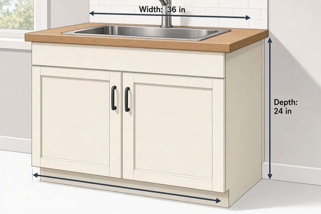 Kitchen sink cabinet with width and depth measurements