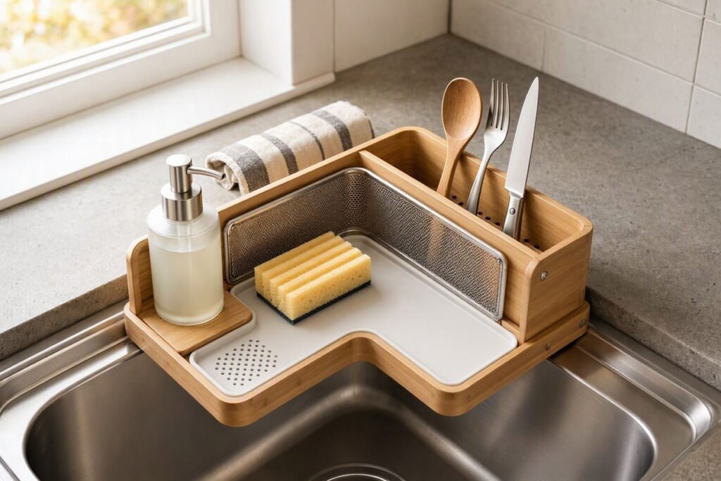 L-shaped sink caddy for small kitchen sink organization