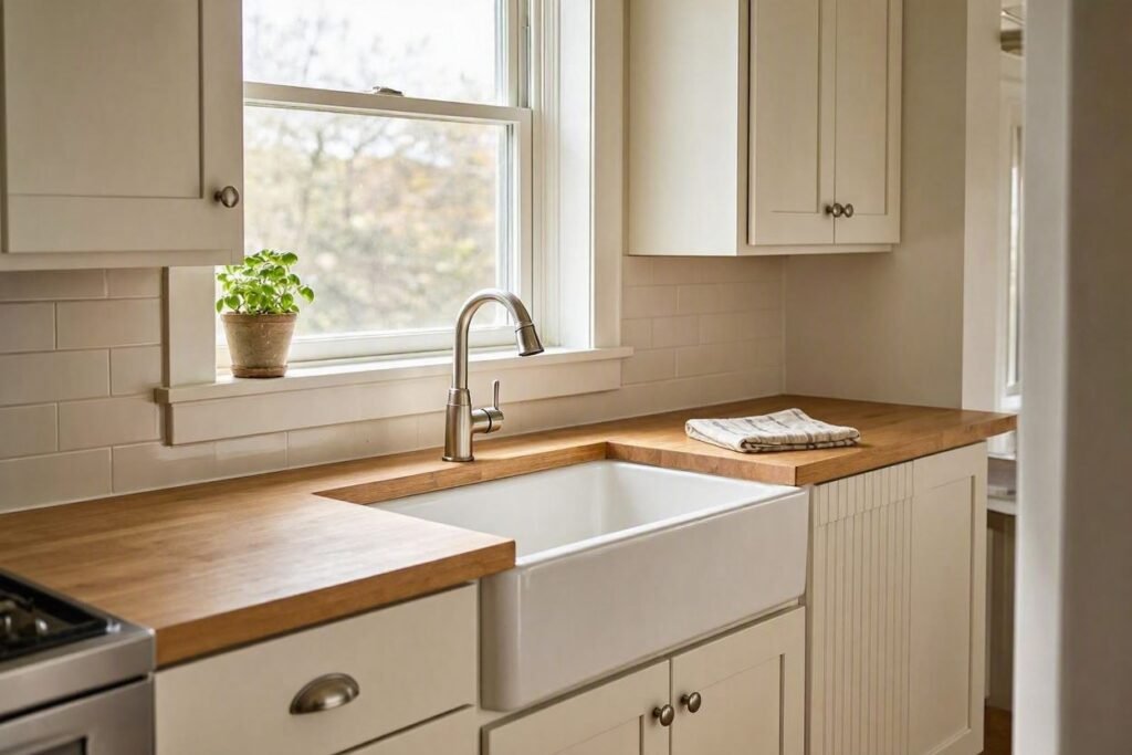 small kitchen with a compact fireclay farmhouse sink