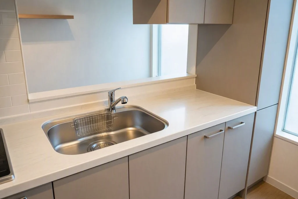 compact undermount stainless steel sink for an apartment kitchen