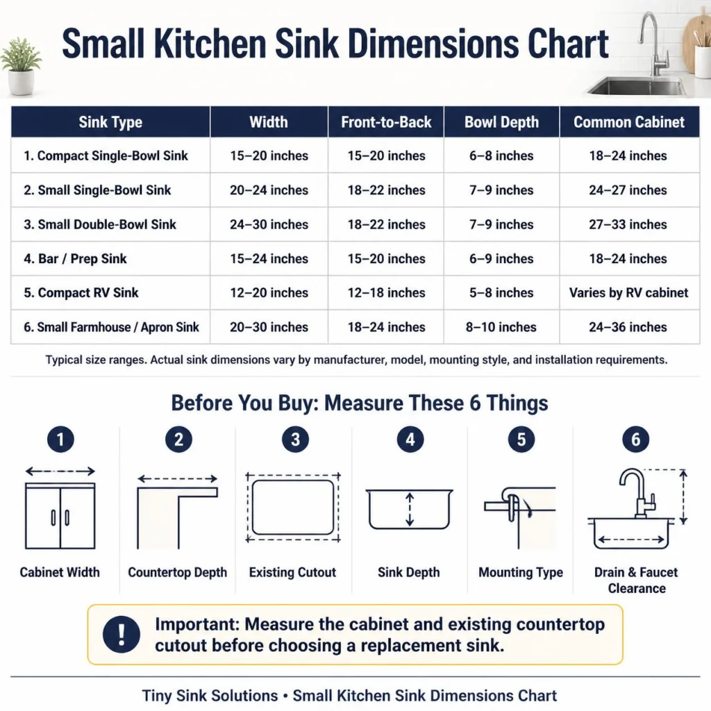 Small kitchen sink dimensions chart showing common sink widths, depths, bowl depths, and cabinet sizes