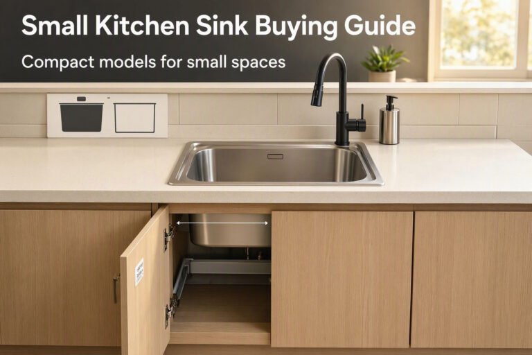 Small Kitchen Sink Buying Guide showing a compact kitchen sink and cabinet