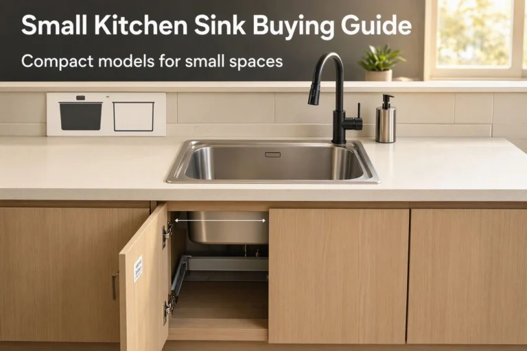 Small Kitchen Sink Buying Guide showing a compact kitchen sink and cabinet
