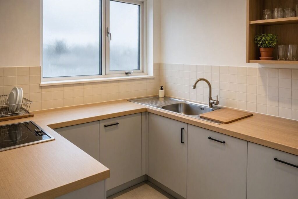 Small kitchen corner sink layout in an L-shaped countertop