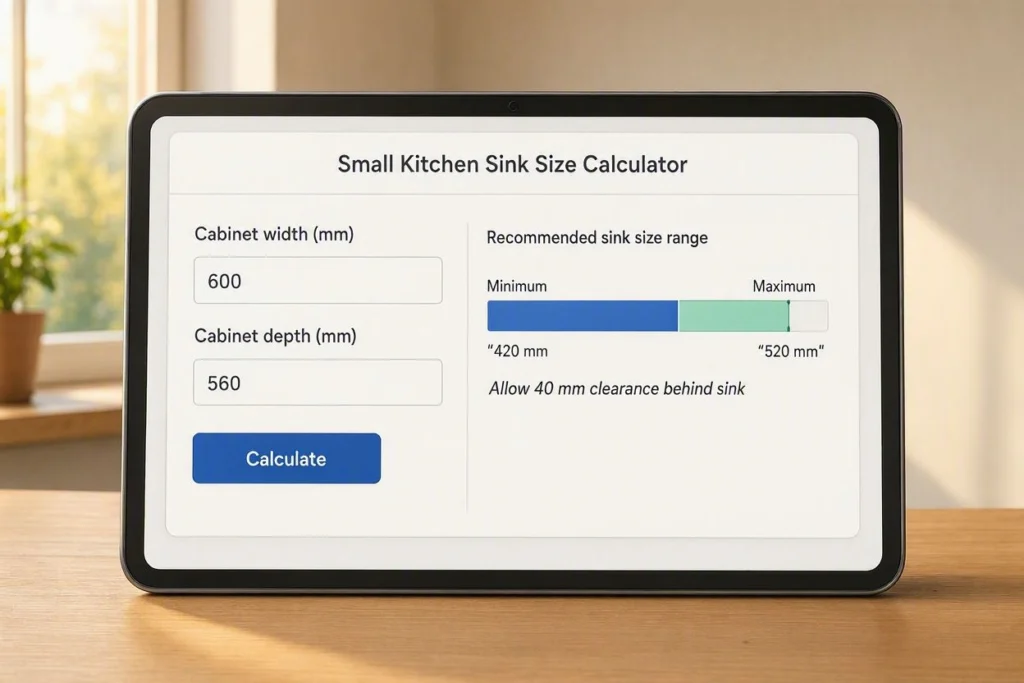 Small kitchen sink size calculator tool with cabinet width and depth input fields showing recommended sink size range.