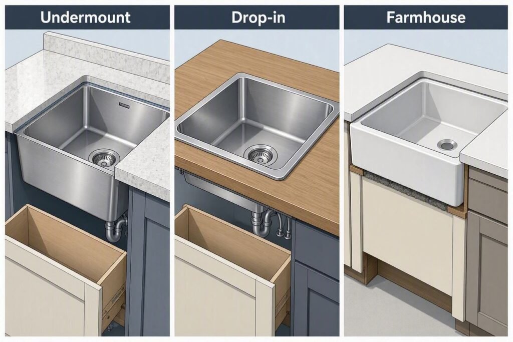 Undermount drop-in and farmhouse kitchen sink installation types
