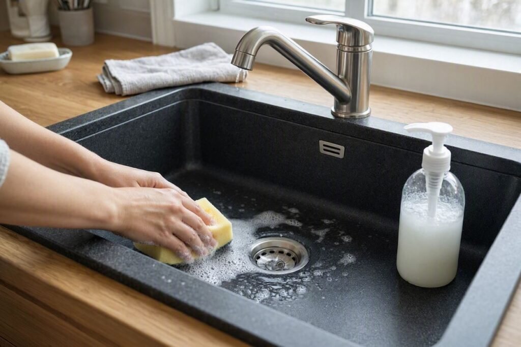 cleaning a granite composite kitchen sink with mild soap